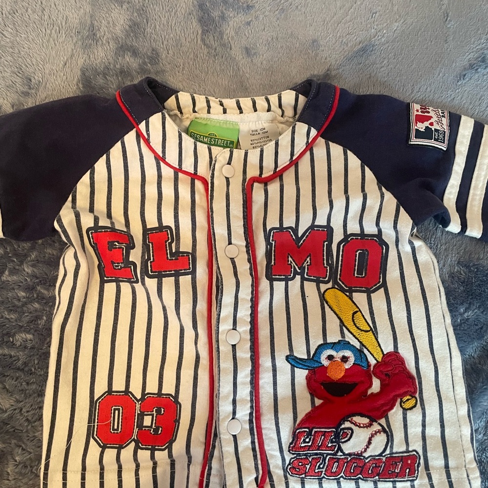 Y2K Sesame Street Elmo Lil Slugger Kids Shirt - Blue and White